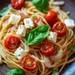 Close-up of one pot pasta with feta and tomatoes, garnished with fresh herbs