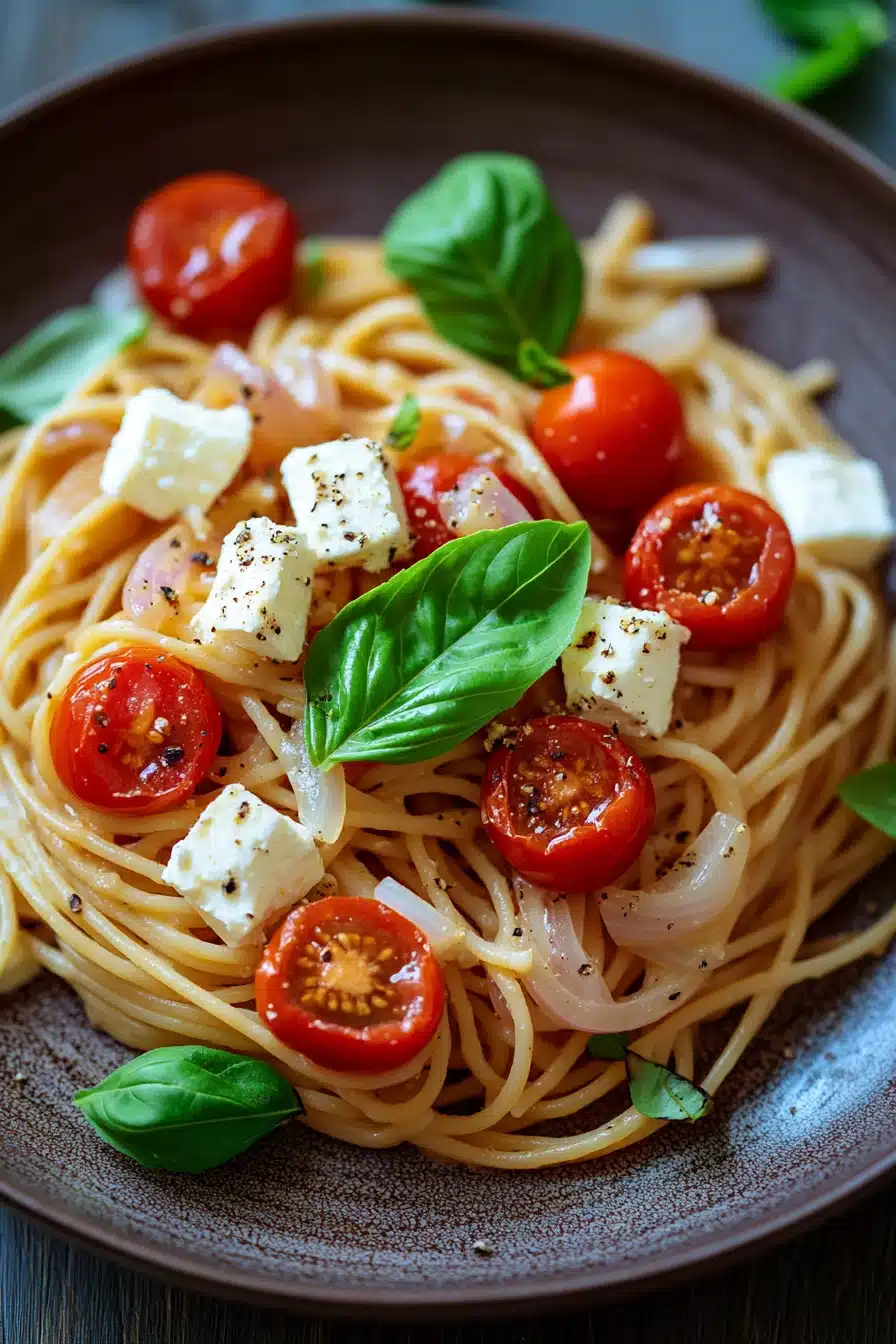 Close-up of one pot pasta with feta and tomatoes, garnished with fresh herbs