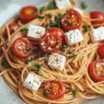 Close-up of one pot pasta with feta and tomatoes, garnished with fresh herbs.