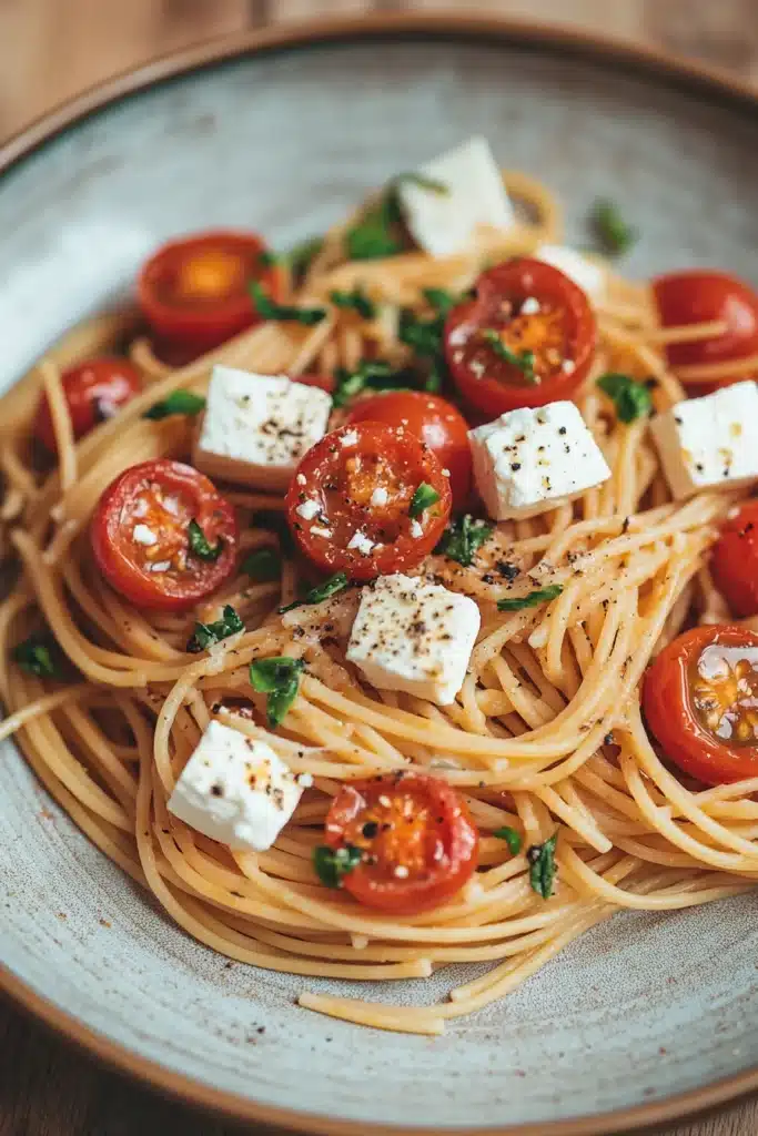 Close-up of one pot pasta with feta and tomatoes, garnished with fresh herbs.