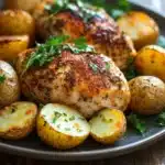 Close-up of sheet pan chicken breast and potatoes with herbs