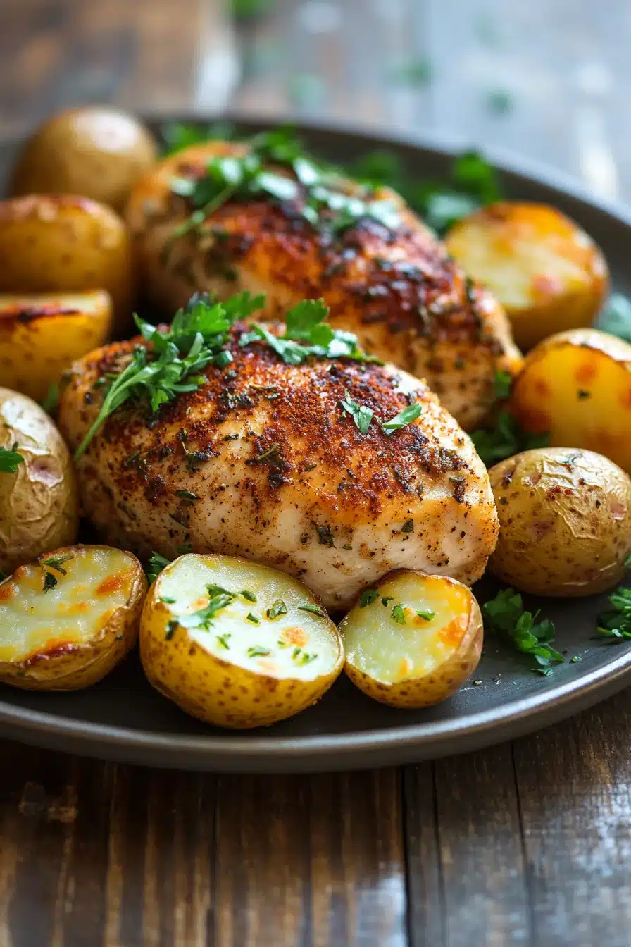 Close-up of sheet pan chicken breast and potatoes with herbs