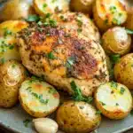 Close-up of sheet pan chicken breast and potatoes with herbs