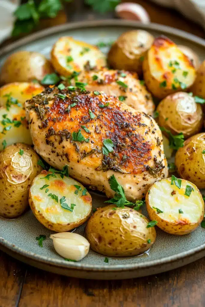 Close-up of sheet pan chicken breast and potatoes with herbs