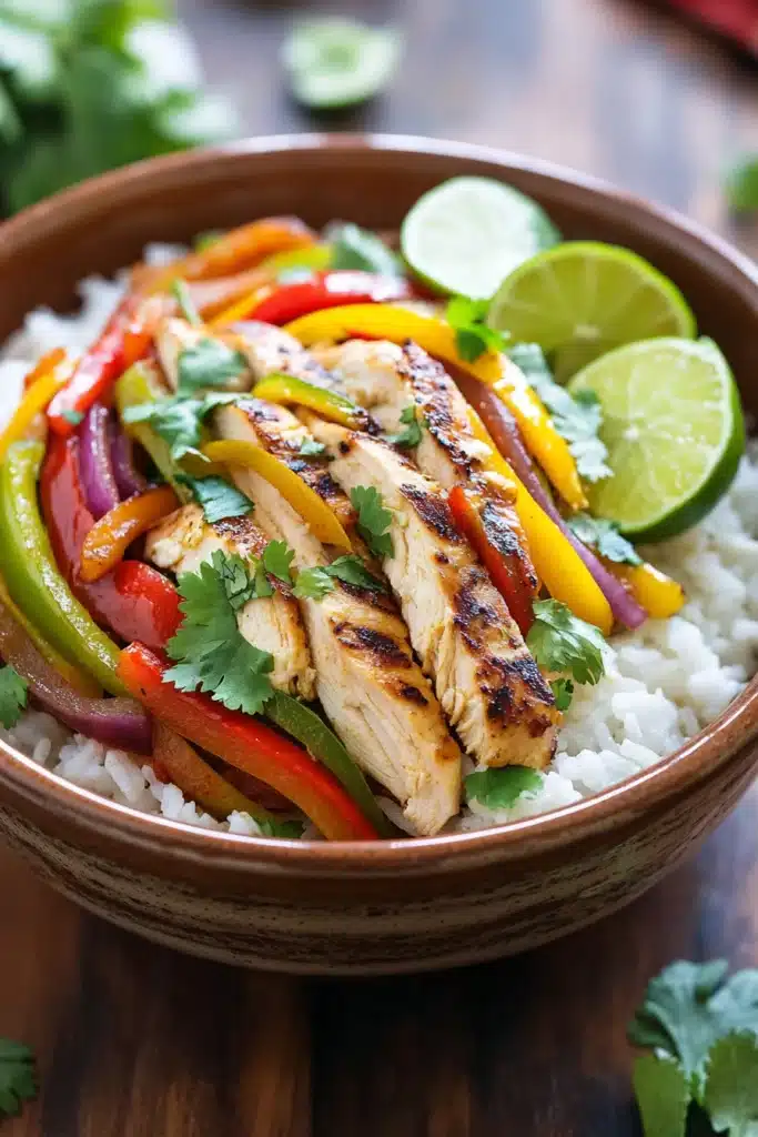 Close-up of sheet pan chicken fajitas rice bowls with colorful vegetables