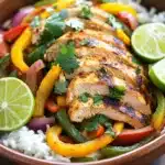 Close-up of sheet pan chicken fajitas rice bowls with colorful vegetables