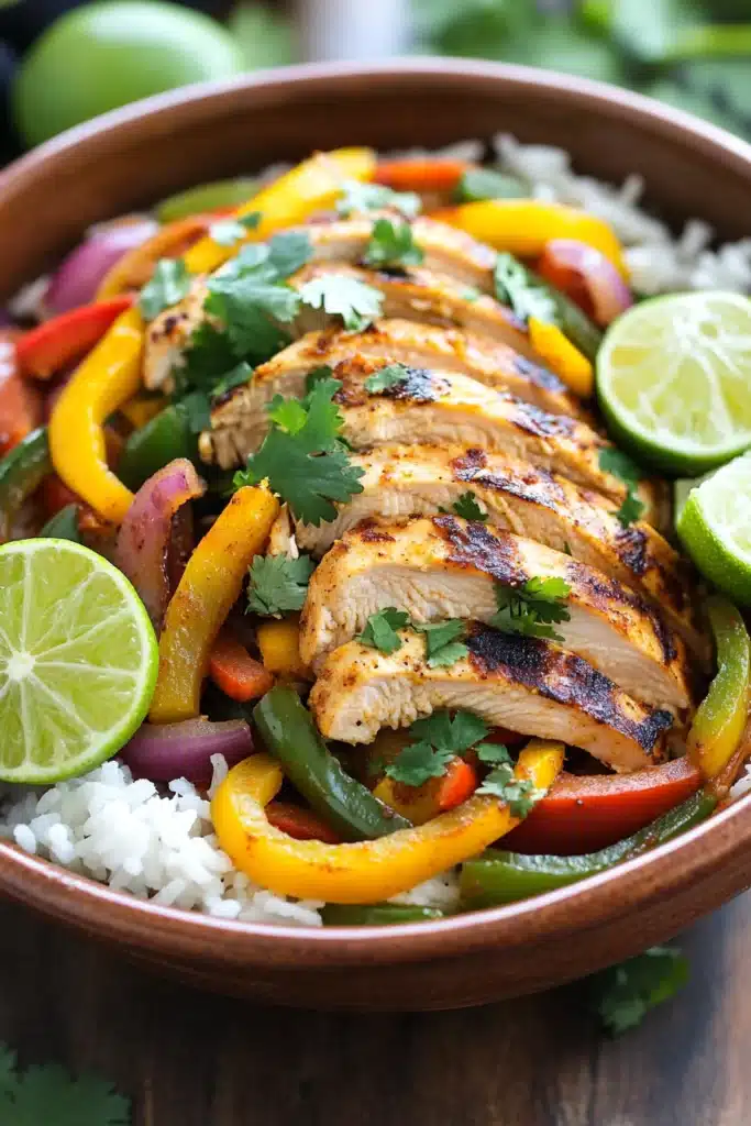 Close-up of sheet pan chicken fajitas rice bowls with colorful vegetables