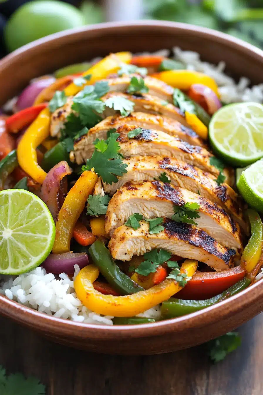 Close-up of sheet pan chicken fajitas rice bowls with colorful vegetables