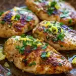 Close-up of skillet lemon garlic chicken with golden-brown crust and fresh herbs