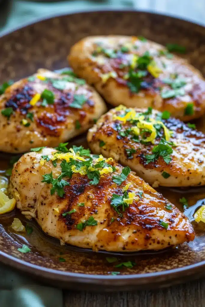 Close-up of skillet lemon garlic chicken with golden-brown crust and fresh herbs