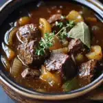 Close-up of a hearty slow cooker beef carbonnade stew with rich, savory textures.
