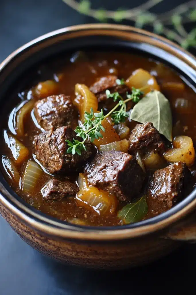 Close-up of a hearty slow cooker beef carbonnade stew with rich, savory textures.