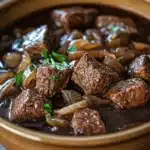 Close-up of slow cooker beef carbonnade stew with rich sauce and tender beef chunks.