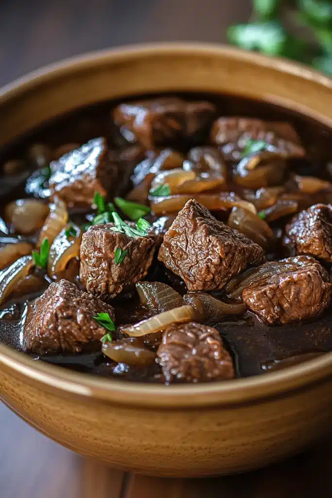 Close-up of slow cooker beef carbonnade stew with rich sauce and tender beef chunks.