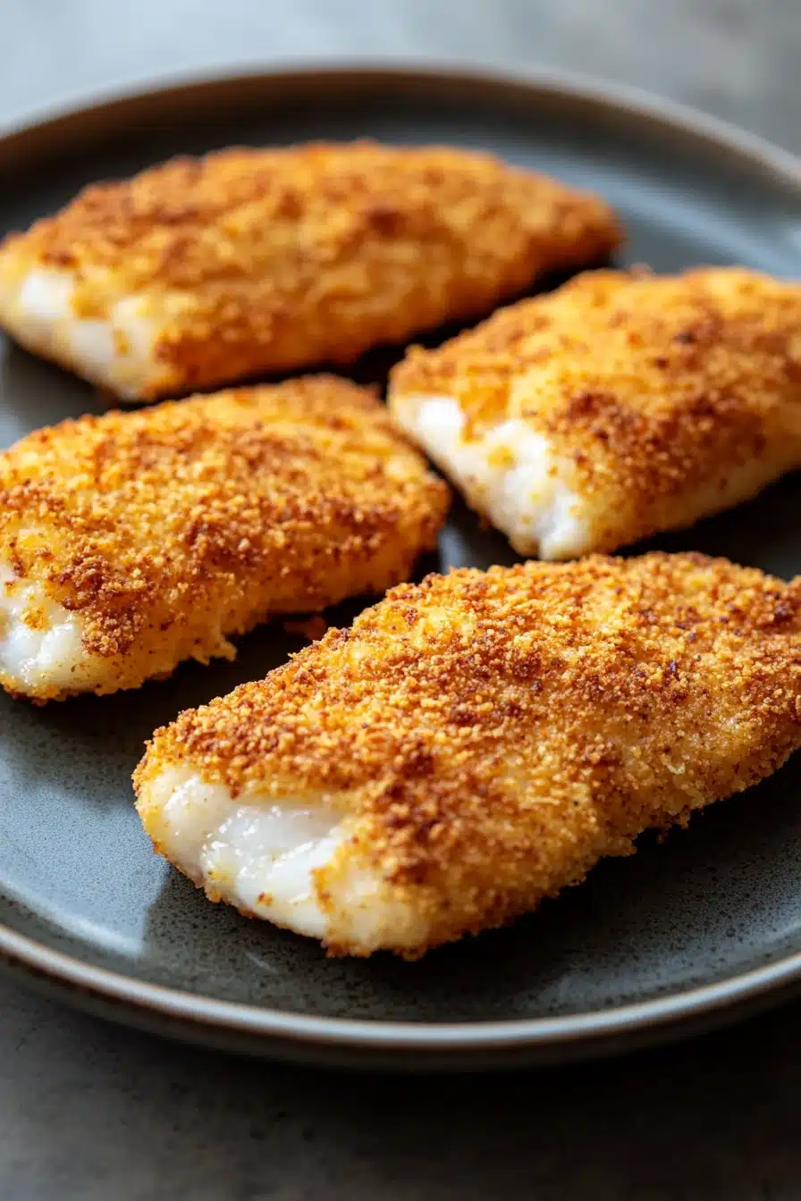 Close-up of tilapia cooked in an air fryer with a golden crust and garnished with herbs.