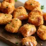 Air fryer breaded salmon nuggets - the image shows a wooden cutting board with several pieces of breaded chicken nuggets on it. the nuggets are golden brown and appear to be crispy on the outside. they are arranged in a scattered manner on the board, with some overlapping each other. there are also some chopped parsley scattered around the board. the background is a white countertop.
