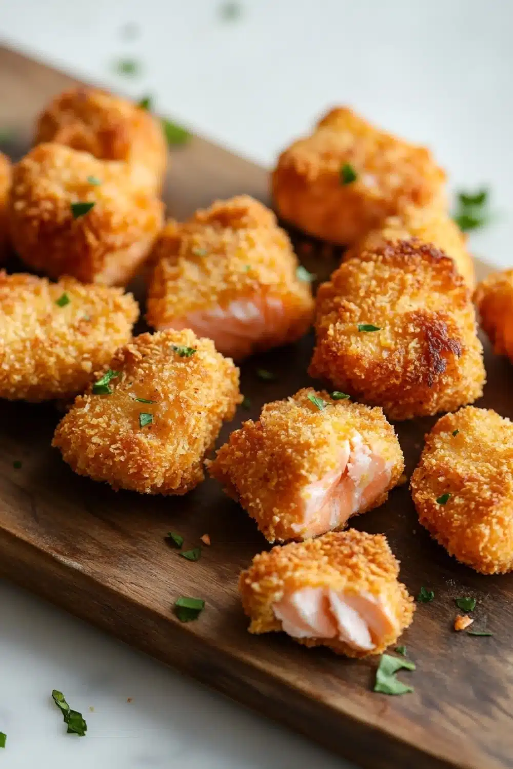 Air fryer breaded salmon nuggets - the image shows a wooden cutting board with several pieces of breaded chicken nuggets on it. the nuggets are golden brown and appear to be crispy on the outside. they are arranged in a scattered manner on the board, with some overlapping each other. there are also some chopped parsley scattered around the board. the background is a white countertop.
