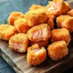 Air fryer breaded salmon nuggets - the image shows a wooden cutting board with a pile of small, golden-brown, crispy pieces of food on it. the food appears to be a type of fish, possibly salmon, and is covered in a layer of breadcrumbs. the pieces are arranged in a circular pattern on the board, with some overlapping each other. the background is a dark grey slate surface, and there are a few sprigs of green herbs scattered around the board. the overall mood of the image is rustic and appetizing.