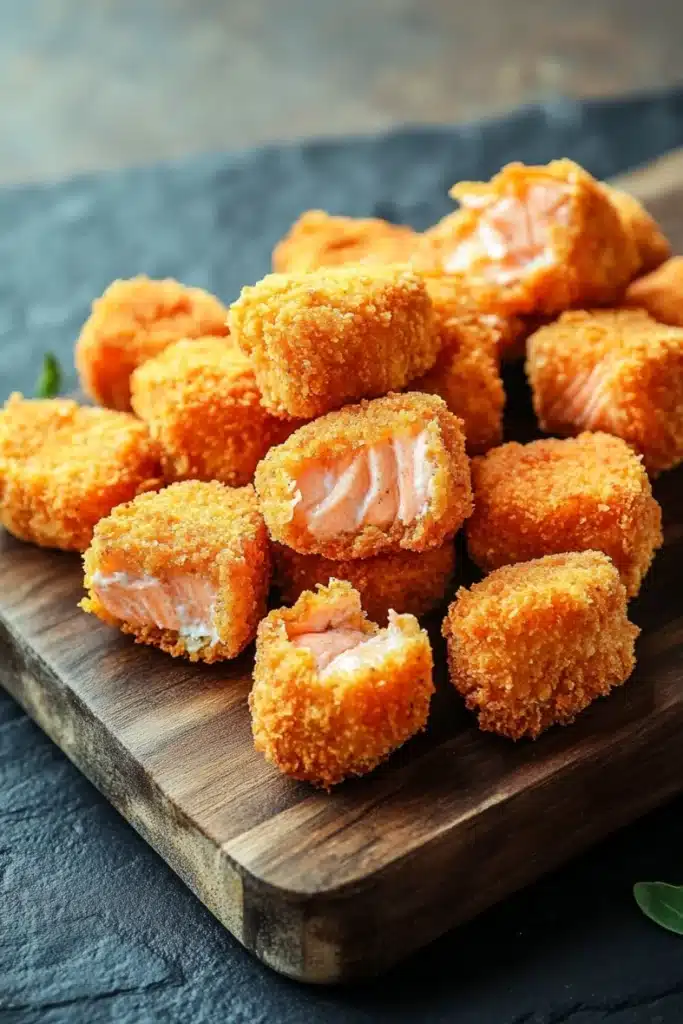 Air fryer breaded salmon nuggets - the image shows a wooden cutting board with a pile of small, golden-brown, crispy pieces of food on it. the food appears to be a type of fish, possibly salmon, and is covered in a layer of breadcrumbs. the pieces are arranged in a circular pattern on the board, with some overlapping each other. the background is a dark grey slate surface, and there are a few sprigs of green herbs scattered around the board. the overall mood of the image is rustic and appetizing.