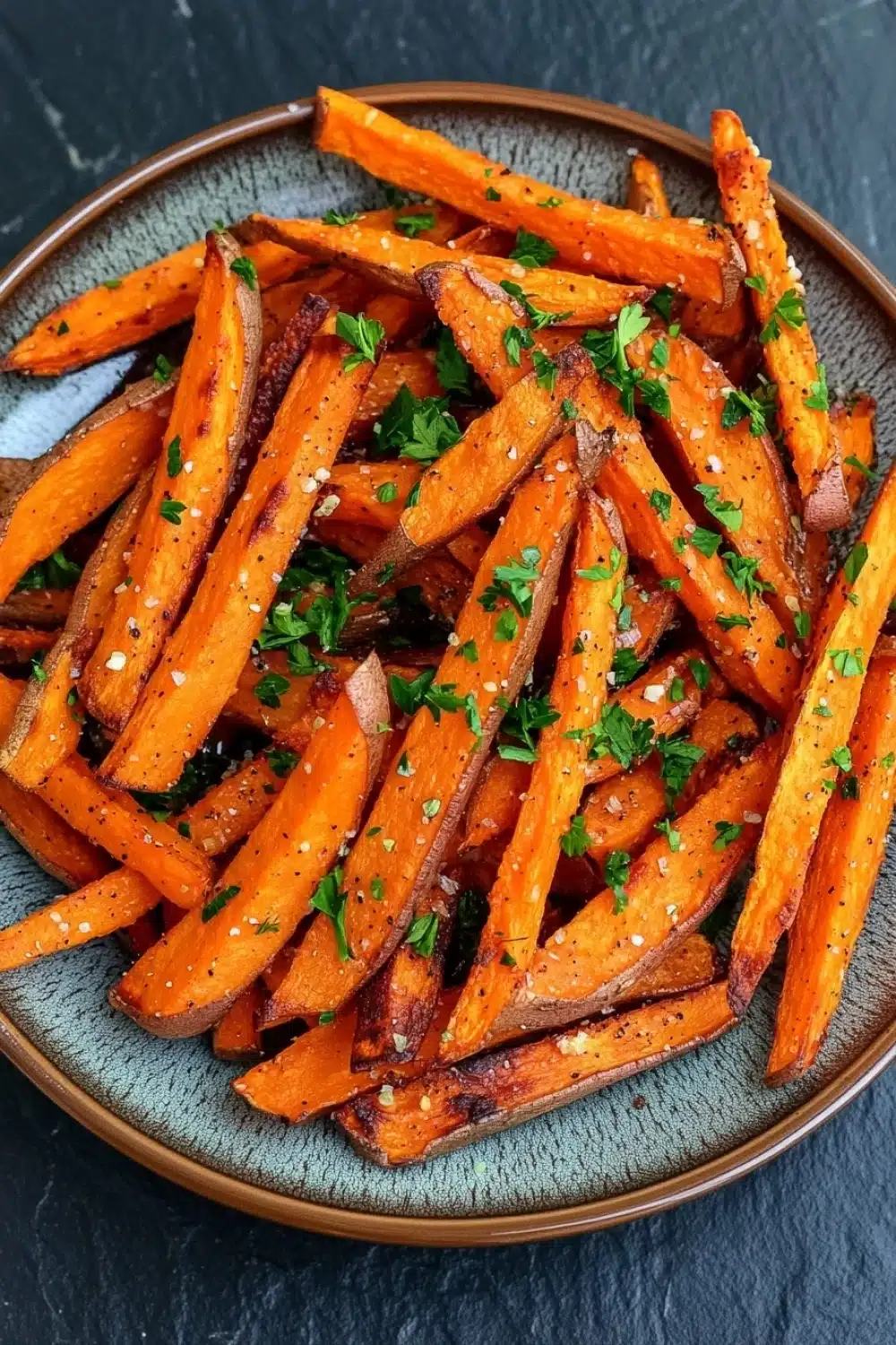 Air fryer garlic sweet potato fries - the image shows a plate of cooked sweet potato fries. the fries are orange in color and have a crispy texture. they are garnished with chopped parsley and sesame seeds. the plate is round and has a dark blue rim. the background is a dark grey countertop.