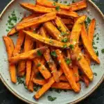 Air fryer garlic sweet potato fries - the image shows a plate of freshly baked sweet potato fries. the fries are golden brown and appear to be crispy on the outside. they are garnished with chopped parsley, adding a pop of green color to the dish. the plate is round and has a light blue rim. the background is a dark grey textured surface.