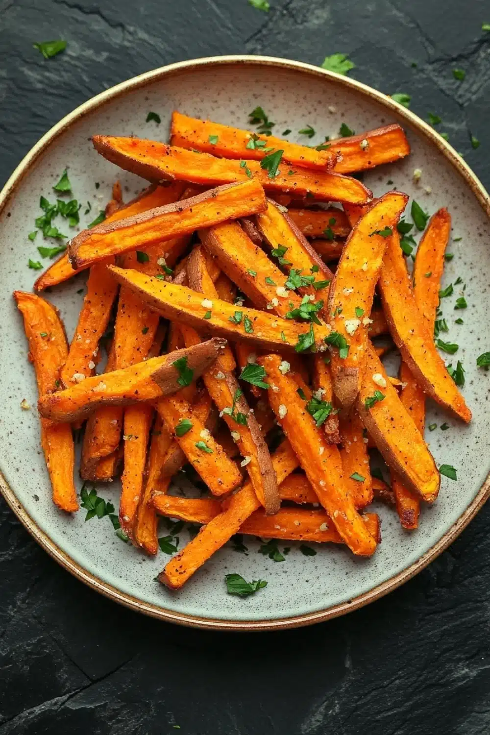 Air fryer garlic sweet potato fries - the image shows a plate of freshly baked sweet potato fries. the fries are golden brown and appear to be crispy on the outside. they are garnished with chopped parsley, adding a pop of green color to the dish. the plate is round and has a light blue rim. the background is a dark grey textured surface.