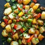 Air fryer potato hash - the image shows a dish of roasted potatoes on a black slate plate. the potatoes are golden brown and appear to be seasoned with herbs and spices. they are cut into small cubes and are arranged in a pile on top of each other. there are also small pieces of red and green bell peppers scattered throughout the dish. the dish is garnished with a sprig of fresh parsley. the background is dark, making the colors of the dish stand out.