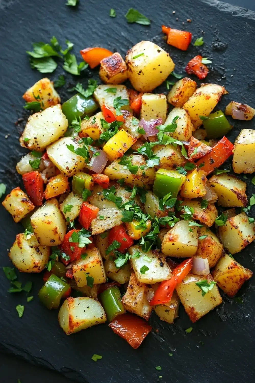 Air fryer potato hash - the image shows a dish of roasted potatoes on a black slate plate. the potatoes are golden brown and appear to be seasoned with herbs and spices. they are cut into small cubes and are arranged in a pile on top of each other. there are also small pieces of red and green bell peppers scattered throughout the dish. the dish is garnished with a sprig of fresh parsley. the background is dark, making the colors of the dish stand out.