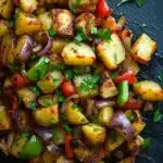 Air fryer potato hash - the image is a close-up of a dish made with diced potatoes, red onions, and green bell peppers. the potatoes are golden brown and appear to be seasoned with herbs and spices. the red onions are cut into small cubes and are scattered throughout the dish. the bell peppers are bright red and look fresh and vibrant. the dish is garnished with a sprig of fresh parsley. the background is a dark grey slate surface.