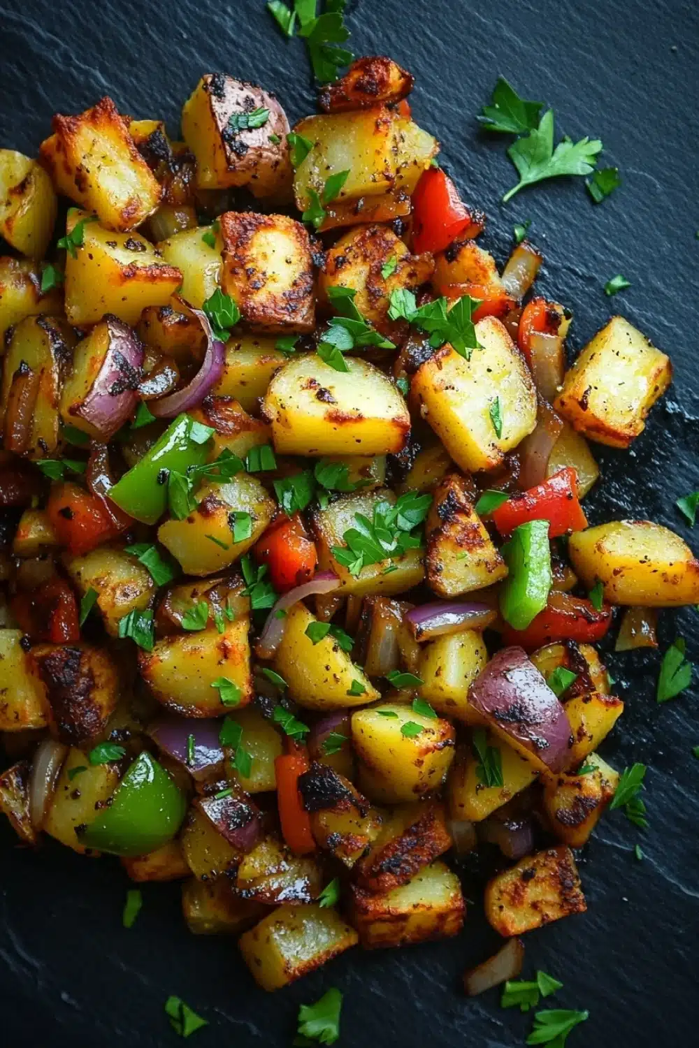 Air fryer potato hash - the image is a close-up of a dish made with diced potatoes, red onions, and green bell peppers. the potatoes are golden brown and appear to be seasoned with herbs and spices. the red onions are cut into small cubes and are scattered throughout the dish. the bell peppers are bright red and look fresh and vibrant. the dish is garnished with a sprig of fresh parsley. the background is a dark grey slate surface.