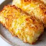 Air fryer potato logs - the image shows a plate with three baked potatoes on it. the potatoes are golden brown and appear to be seasoned with herbs and spices. they are arranged in a circular pattern on the plate, with the largest potato in the center and the two smaller ones on either side. the plate is white with a speckled pattern around the edges. the background is blurred, but it appears to be a kitchen countertop.