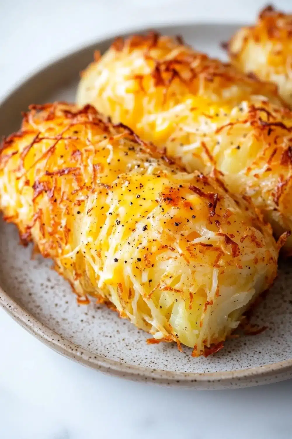 Air fryer potato logs - the image shows a plate with three baked potatoes on it. the potatoes are golden brown and appear to be seasoned with herbs and spices. they are arranged in a circular pattern on the plate, with the largest potato in the center and the two smaller ones on either side. the plate is white with a speckled pattern around the edges. the background is blurred, but it appears to be a kitchen countertop.