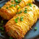 Air fryer potato logs - the image shows two pieces of baked potato casserole on a black plate. the potatoes are golden brown and appear to be crispy on the outside. they are topped with melted cheese and chopped green onions. the plate is sitting on a wooden table with a blurred background.