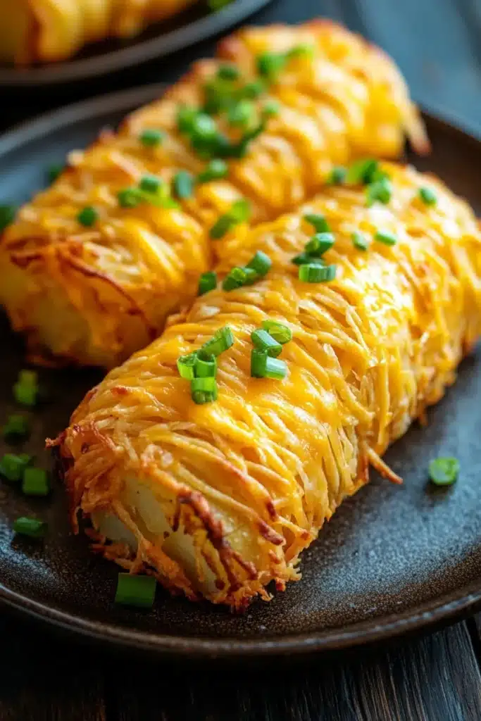 Air fryer potato logs - the image shows two pieces of baked potato casserole on a black plate. the potatoes are golden brown and appear to be crispy on the outside. they are topped with melted cheese and chopped green onions. the plate is sitting on a wooden table with a blurred background.