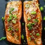 Air fryer salmon teriyaki - the image shows two pieces of salmon on a black slate plate. the salmon is cooked to a golden brown color and is covered in sesame seeds and green onions. the plate is garnished with a sprig of parsley. the background is dark, making the salmon stand out. the overall presentation of the dish is elegant and appetizing.