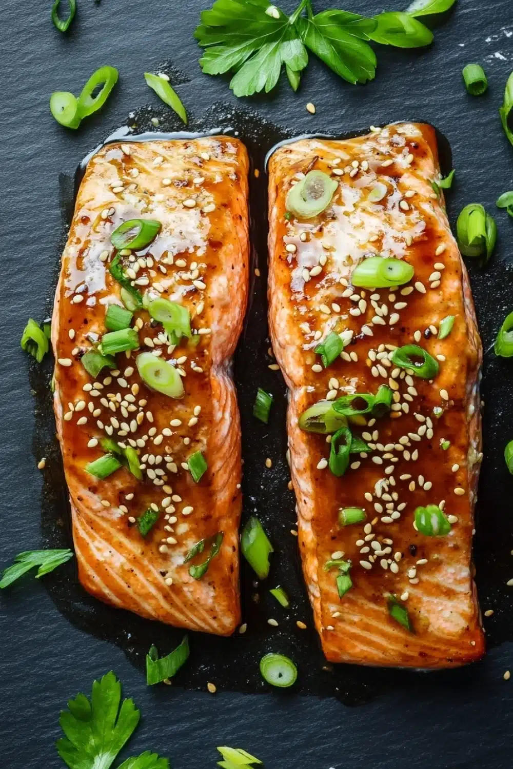 Air fryer salmon teriyaki - the image shows two pieces of salmon on a black slate plate. the salmon is cooked to a golden brown color and is covered in sesame seeds and green onions. the plate is garnished with a sprig of parsley. the background is dark, making the salmon stand out. the overall presentation of the dish is elegant and appetizing.