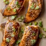 Air fryer salmon teriyaki - the image shows four pieces of salmon on a wooden cutting board. the salmon is cooked to a golden brown color and is covered in a sesame seed sauce. the sauce is drizzled over the top of the salmon, giving it a glossy sheen. there are also some green onions scattered around the salmon. the cutting board is light-colored and has a textured surface.