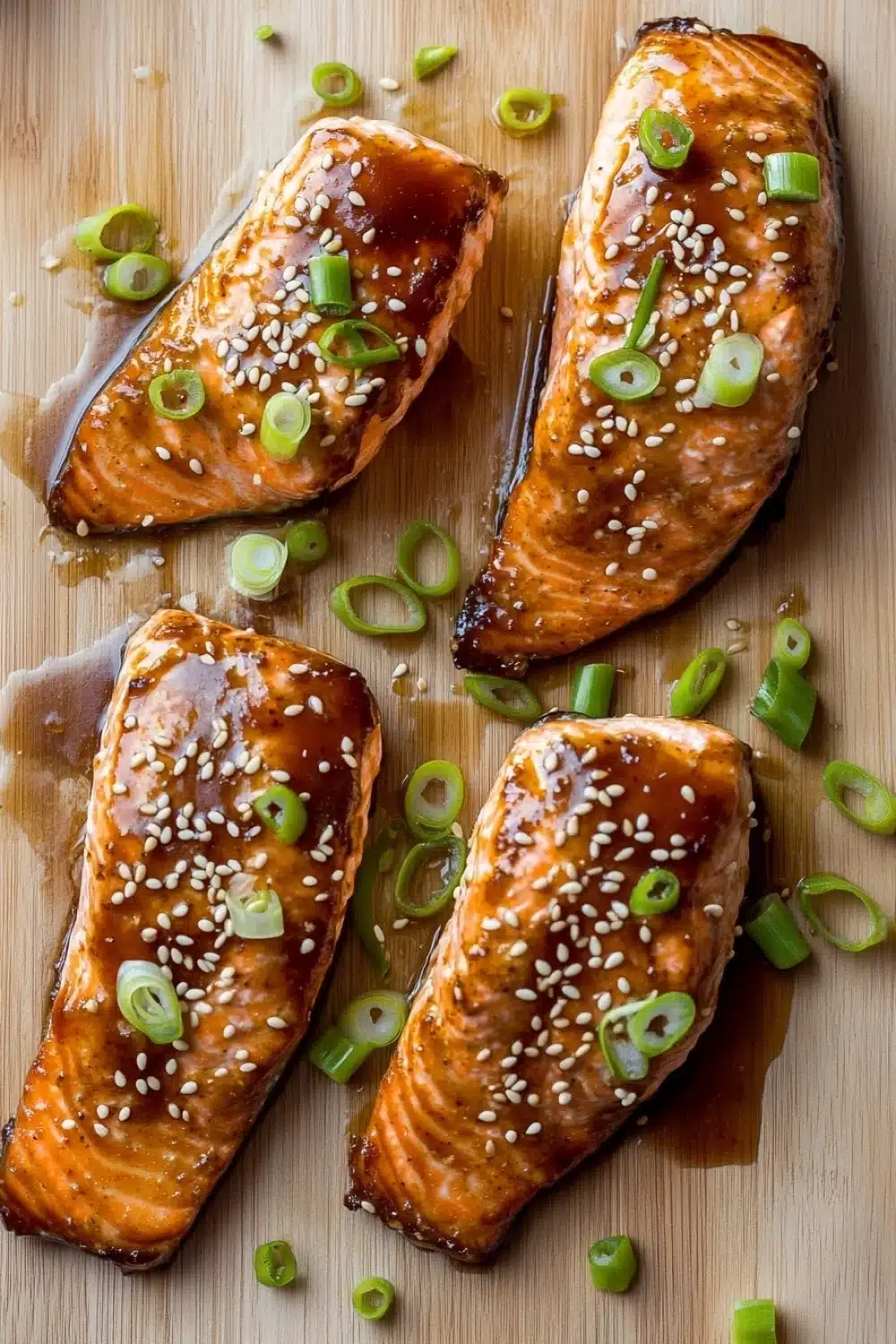 Air fryer salmon teriyaki - the image shows four pieces of salmon on a wooden cutting board. the salmon is cooked to a golden brown color and is covered in a sesame seed sauce. the sauce is drizzled over the top of the salmon, giving it a glossy sheen. there are also some green onions scattered around the salmon. the cutting board is light-colored and has a textured surface.