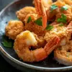 Air fryer shrimp cornstarch - the image shows a plate of cooked shrimp. the shrimp are golden brown and appear to be seasoned with herbs and spices. they are arranged in a circular pattern on the plate, with some overlapping each other. the plate is black and has a textured surface. the background is blurred, but it appears to be a wooden table or countertop.