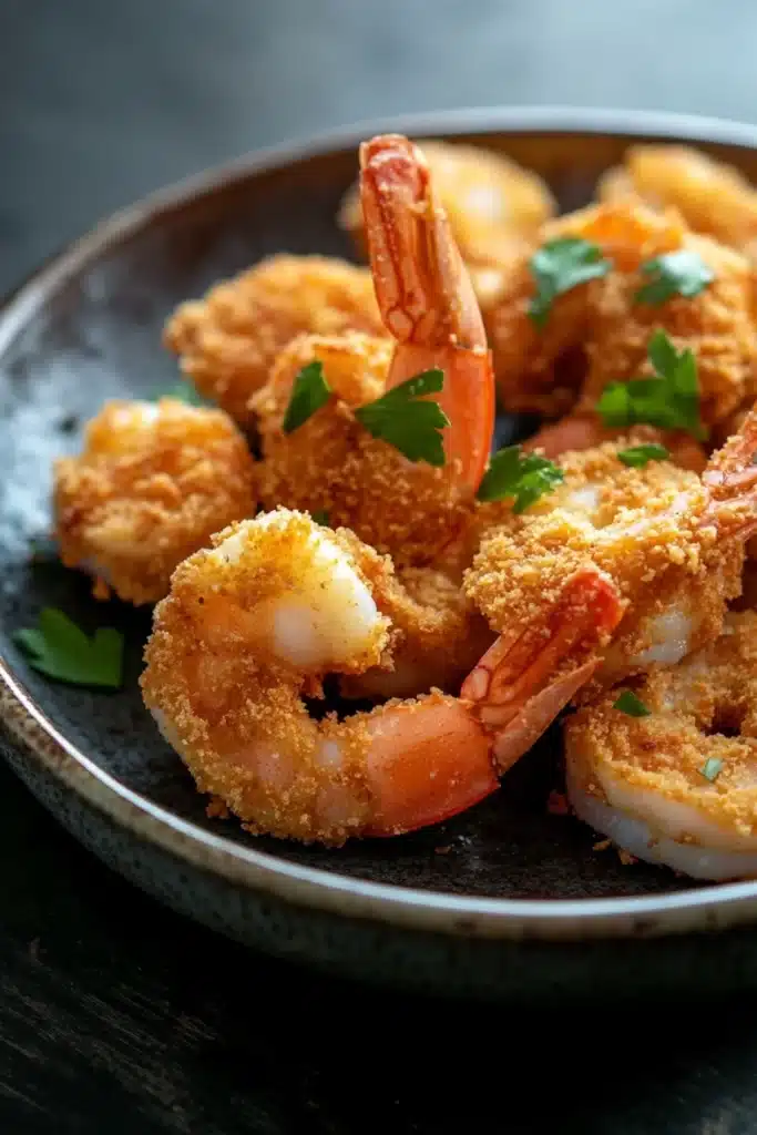Air fryer shrimp cornstarch - the image shows a plate of cooked shrimp. the shrimp are golden brown and appear to be seasoned with herbs and spices. they are arranged in a circular pattern on the plate, with some overlapping each other. the plate is black and has a textured surface. the background is blurred, but it appears to be a wooden table or countertop.