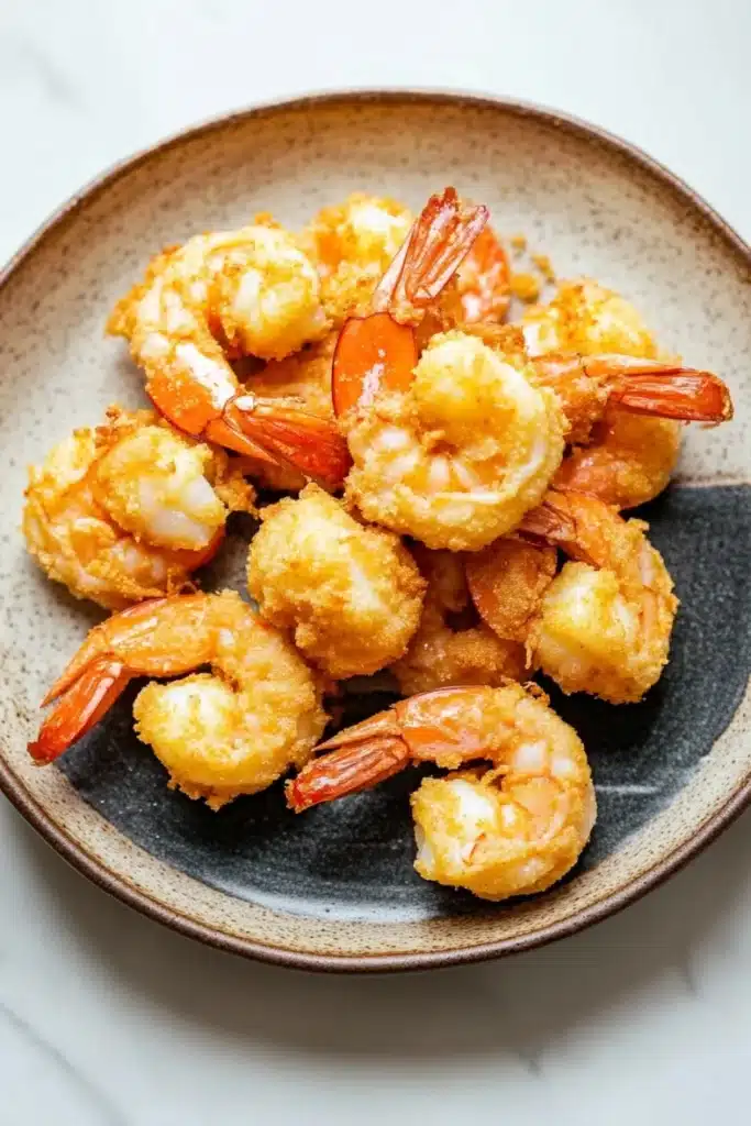 Air fryer shrimp cornstarch - the image shows a plate of cooked shrimp on a white marble countertop. the shrimp are golden brown and appear to be seasoned with herbs and spices. they are arranged in a circular pattern on the plate, with some overlapping each other. the plate is round and has a dark brown rim. the background is blurred, making the shrimp the focal point of the image.