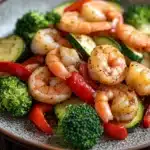 Air fryer shrimp vegetables - the image is a close-up of a plate of food. the plate is round and has a dark brown rim. on the plate, there are several pieces of cooked shrimp, zucchini, red bell peppers, and broccoli. the shrimp are cooked to a golden brown color and appear to be seasoned with herbs and spices. the vegetables are arranged in a colorful and appetizing manner. the background is blurred, but it appears to be a wooden table with more vegetables scattered around.
