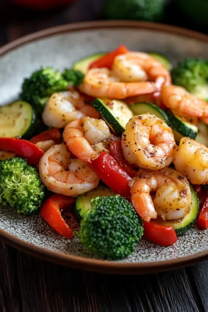 Air fryer shrimp vegetables - the image is a close-up of a plate of food. the plate is round and has a dark brown rim. on the plate, there are several pieces of cooked shrimp, zucchini, red bell peppers, and broccoli. the shrimp are cooked to a golden brown color and appear to be seasoned with herbs and spices. the vegetables are arranged in a colorful and appetizing manner. the background is blurred, but it appears to be a wooden table with more vegetables scattered around.