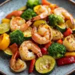 Air fryer shrimp vegetables - the image is a close-up of a plate of food. the plate is round and has a light blue and white speckled pattern. the food appears to be a stir-fry dish with shrimp, zucchini, broccoli, red bell peppers, and other vegetables. the shrimp are cooked to a golden brown color and are arranged in a circular pattern on the plate. the vegetables are cut into small cubes and are scattered throughout the dish. the colors of the vegetables are vibrant and the dish looks fresh and appetizing.