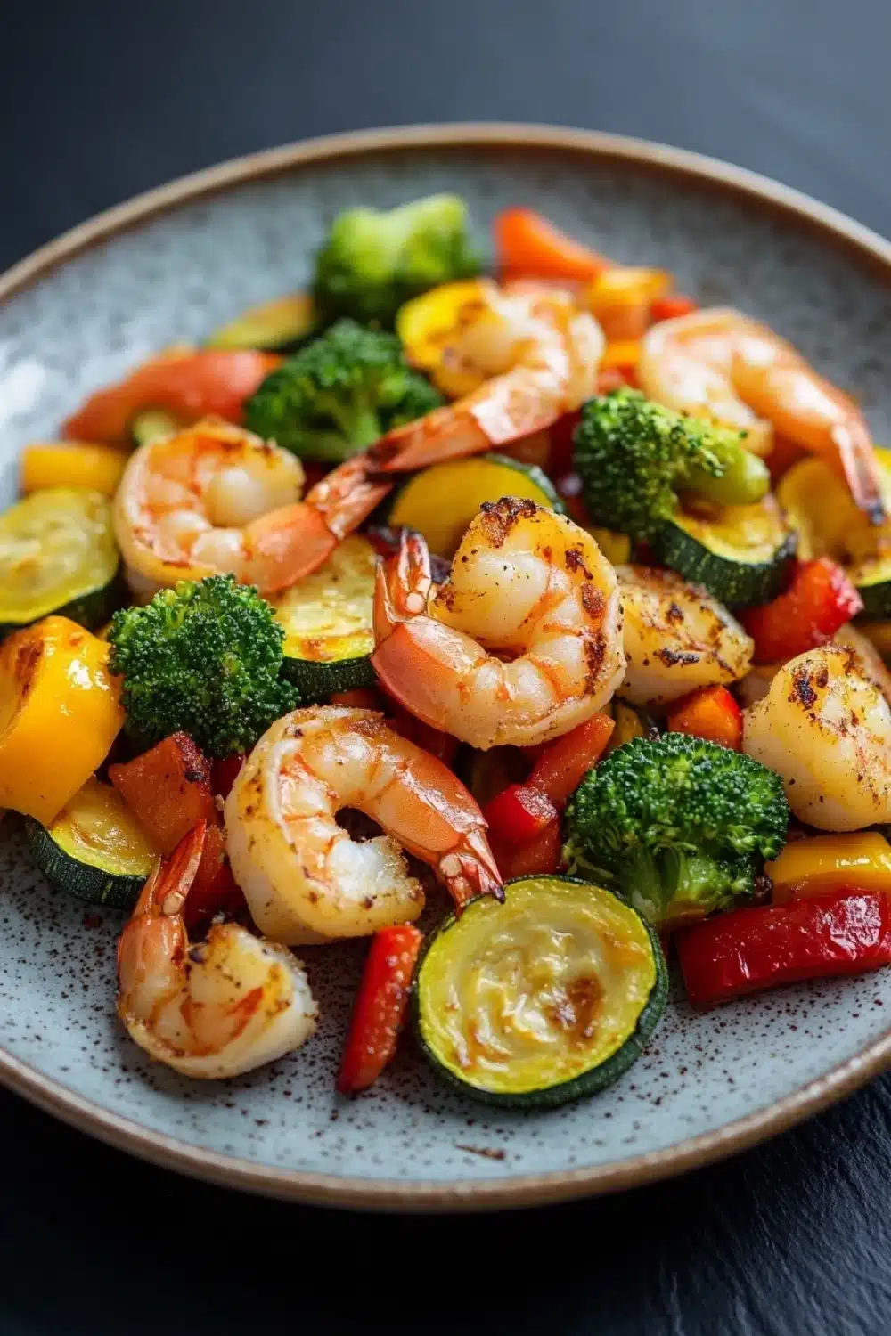 Air fryer shrimp vegetables - the image is a close-up of a plate of food. the plate is round and has a light blue and white speckled pattern. the food appears to be a stir-fry dish with shrimp, zucchini, broccoli, red bell peppers, and other vegetables. the shrimp are cooked to a golden brown color and are arranged in a circular pattern on the plate. the vegetables are cut into small cubes and are scattered throughout the dish. the colors of the vegetables are vibrant and the dish looks fresh and appetizing.