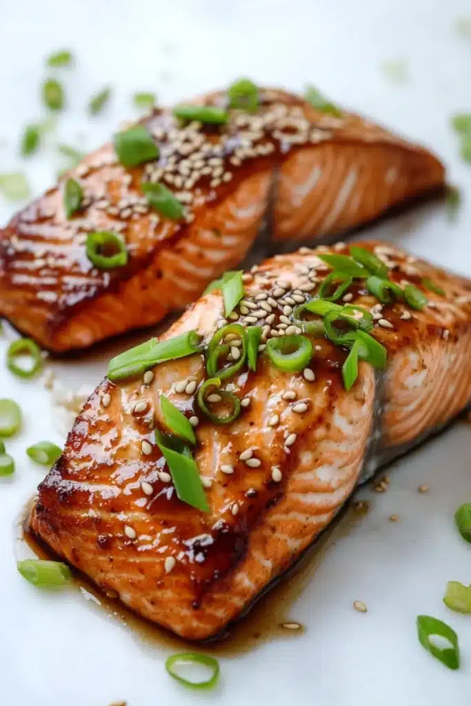 Air fryer teriyaki salmon - the image shows two pieces of salmon on a white plate. the salmon is cooked to a golden brown color and is covered in sesame seeds and green onions. the plate is garnished with chopped green onions, adding a pop of color to the dish. the background is blurred, making the salmon the focal point of the image.