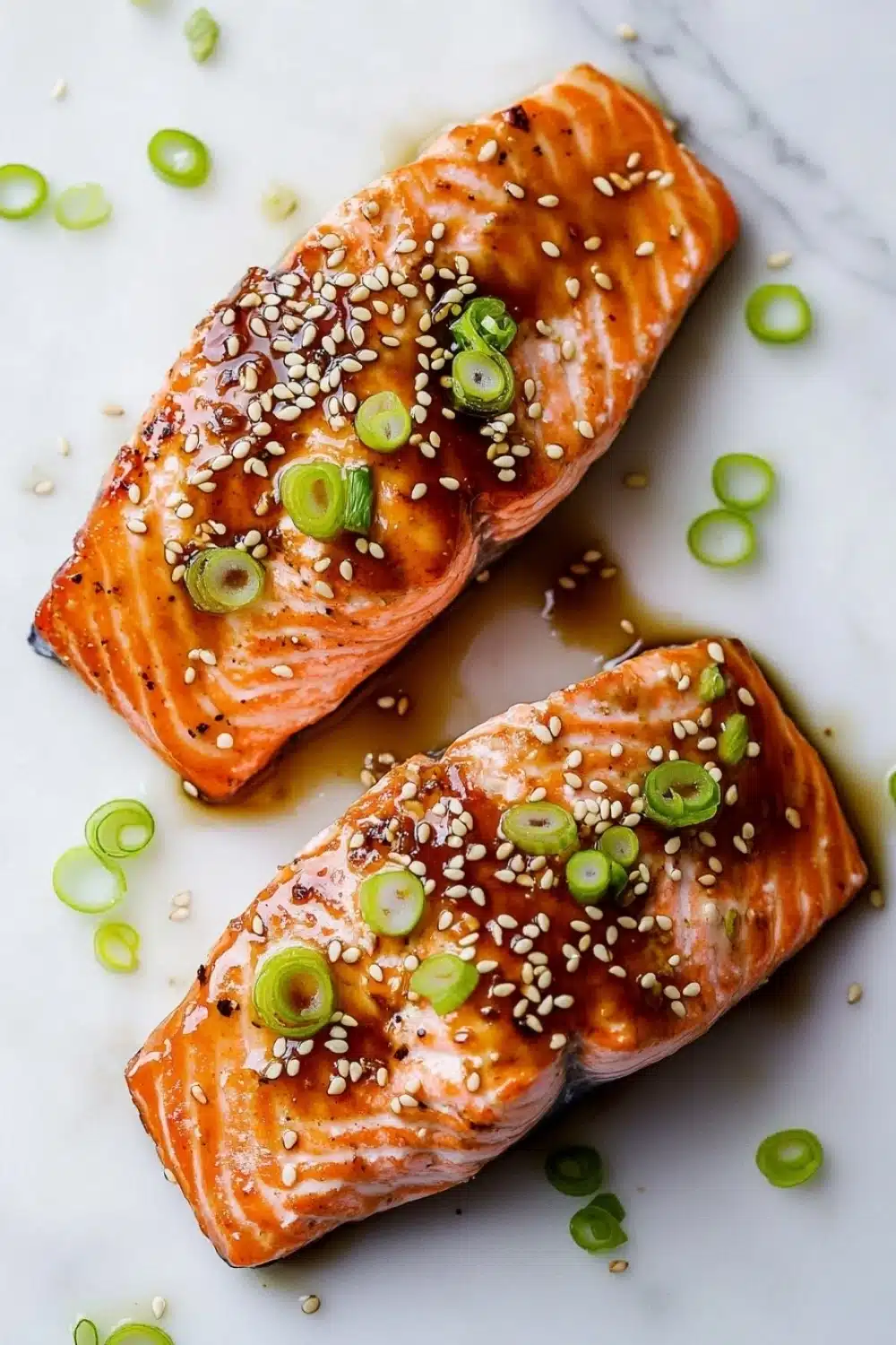 Air fryer teriyaki salmon - the image shows two pieces of salmon on a white marble surface. the salmon is cooked to a golden brown color and is covered in sesame seeds and green onions. the onions are scattered around the salmon, adding a pop of color to the dish. the background is blurred, making the salmon the focal point of the image.