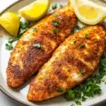 Air fryer tilapia thawed - the image shows two pieces of breaded fish on a plate with two lemon wedges on either side. the fish appears to be golden brown and crispy on the outside, with a crispy texture on the inside. the plate is garnished with fresh parsley leaves, adding a pop of green color to the dish. the background is a white marble countertop.