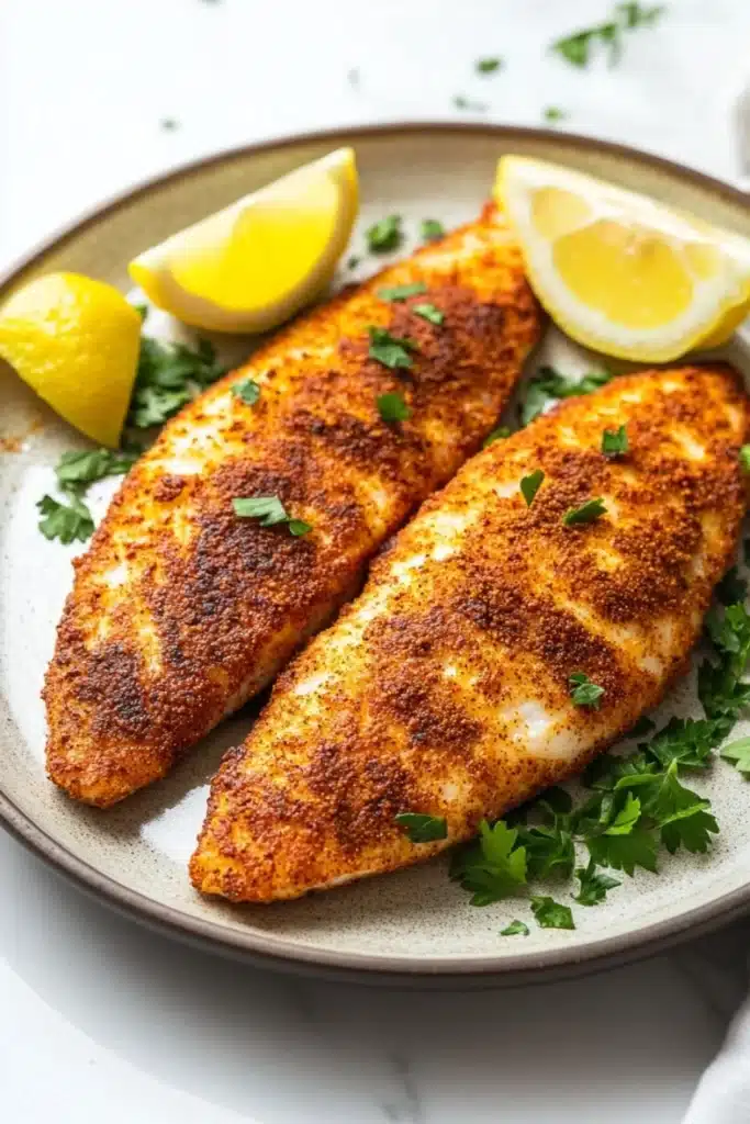Air fryer tilapia thawed - the image shows two pieces of breaded fish on a plate with two lemon wedges on either side. the fish appears to be golden brown and crispy on the outside, with a crispy texture on the inside. the plate is garnished with fresh parsley leaves, adding a pop of green color to the dish. the background is a white marble countertop.