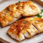 Air fryer tilapia thawed - the image shows two pieces of fish fillets on a white plate. the fillets are golden brown and appear to be seasoned with herbs and spices. the plate is sitting on a wooden table with a light-colored background. there are a few sprigs of parsley scattered around the plate, adding a pop of green color to the dish.